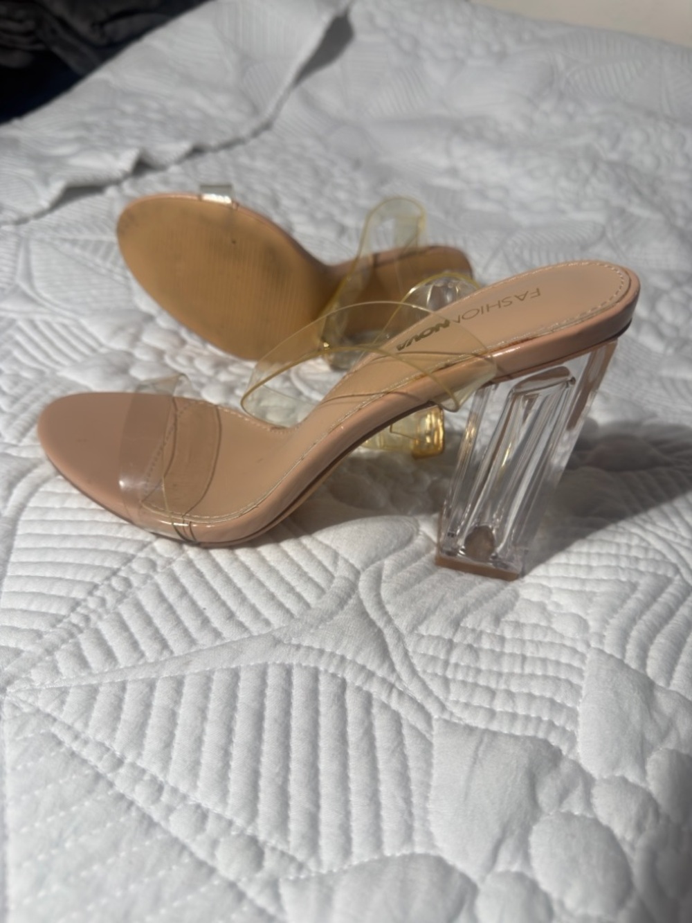 Fashion Nova Nude Clear Strap Block Heel Sandals